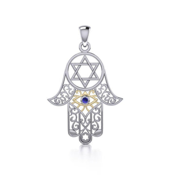 Hamsa Silver and Gold Pendant with Gemstone MPD5079 - Jewelry